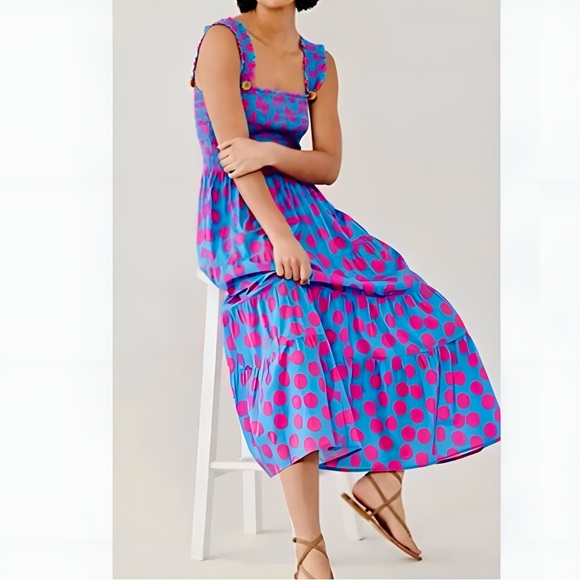 ANTHROPOLOGIE + FIGUE Luella Polka Dot Maxi Tiered Dress w Smocking & PomPoms - Picture 2 of 10
